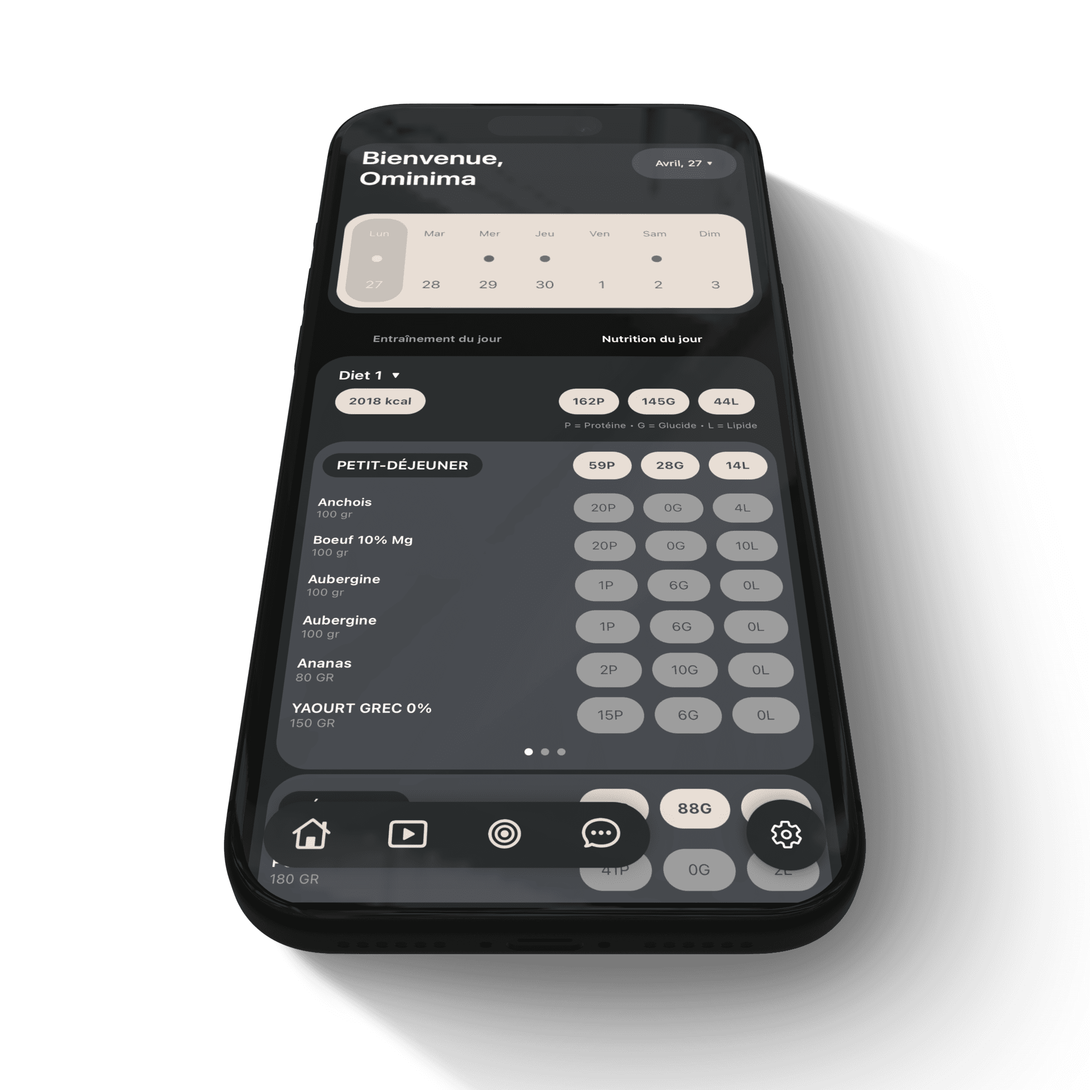 Application OMINIMA — écran de suivi nutritionnel quotidien